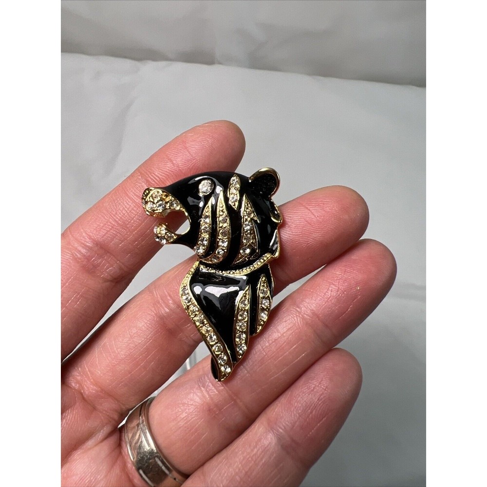 Beautiful Black Panther Brooch With Gold Tone Crystal Rhinestones Signed